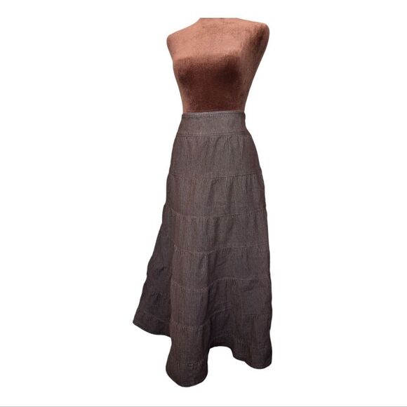 Unique find Mocha brown tired boho  denim jean maxi skirt size 6 - Picture 2 of 9